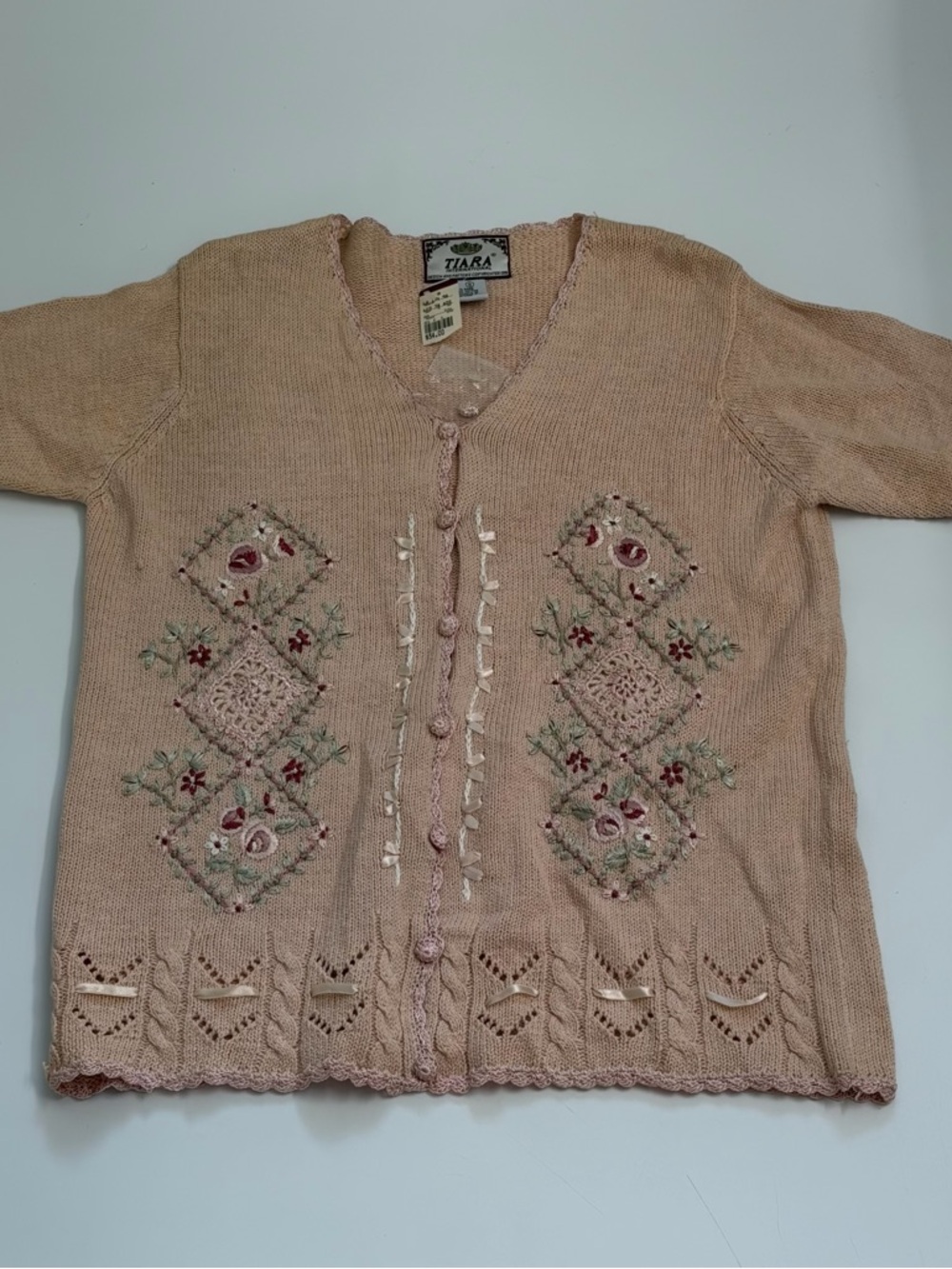 Vintage 90s Embroidered Cottagecore Cardigan NWT Soft Pink Floral Knit Small Med